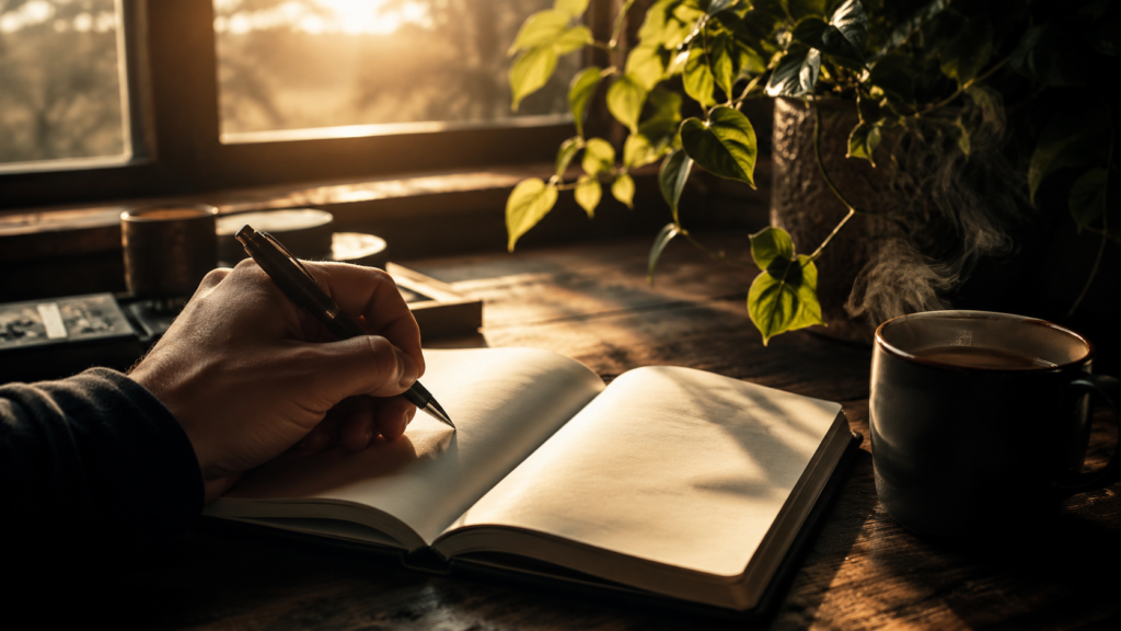 Close-up of an open journal on a dark wooden desk with a hand writing and a steaming coffee cup, representing daily journaling and scripting as part of a manifestation practice.