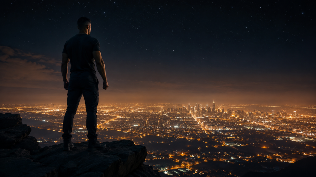 Athletic man standing at the edge of a dark cliff at night overlooking a glowing city, representing self-belief and emotional alignment as core factors in a manifestation mindset.