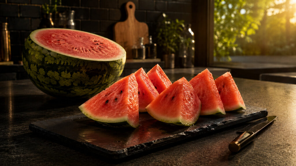 Summer hydration image with fresh sliced watermelon on a dark kitchen counter for healthy eating and smart nutrition.