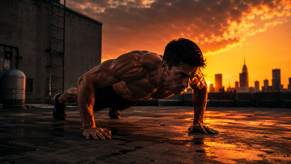 Muscular man doing push-ups on a rooftop at golden hour, representing quick strength sessions, summer fitness, and smart nutrition.