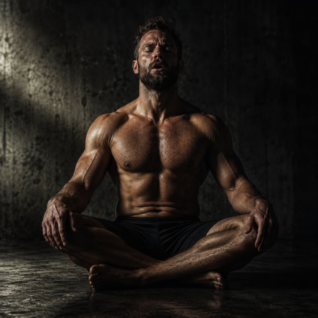 Athletic man sitting cross-legged on a dark floor practicing the Wim Hof Method adapted to the 369 breathing pattern in a moody cinematic setting.