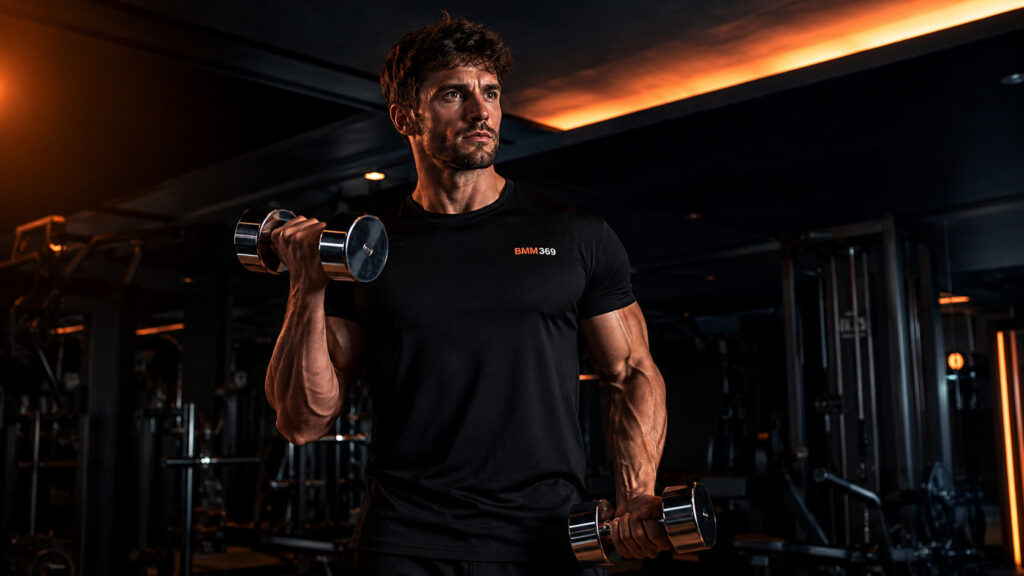 Athletic male doing dumbbell curls in dark gym with orange lighting wearing BMM369 shirt