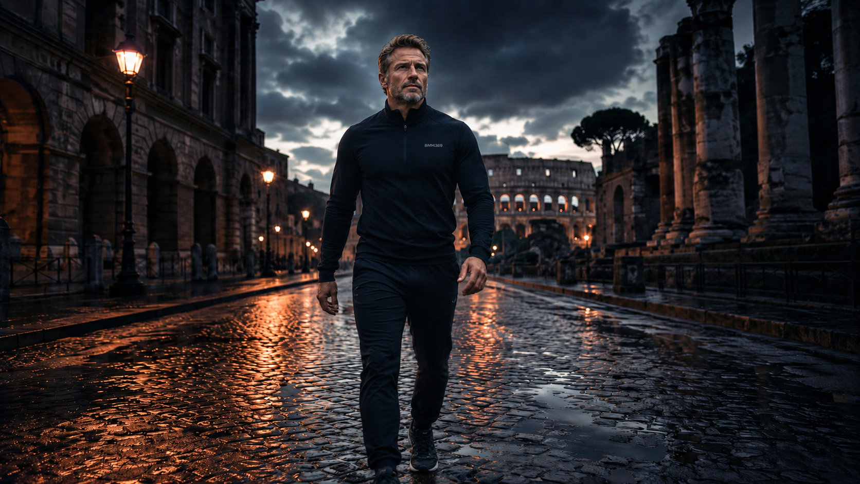 Athletic male walking on dark cobblestone street in Rome — how to lose weight the real way