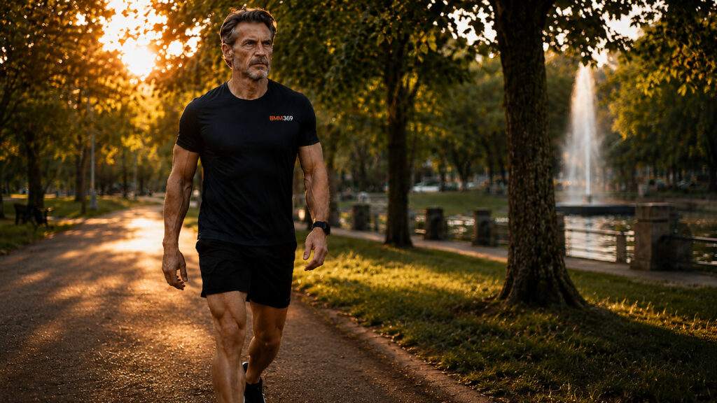 Athletic male in his 50s walking with purpose on sunny park trail at golden hour with fountain in background wearing BMM369 shirt