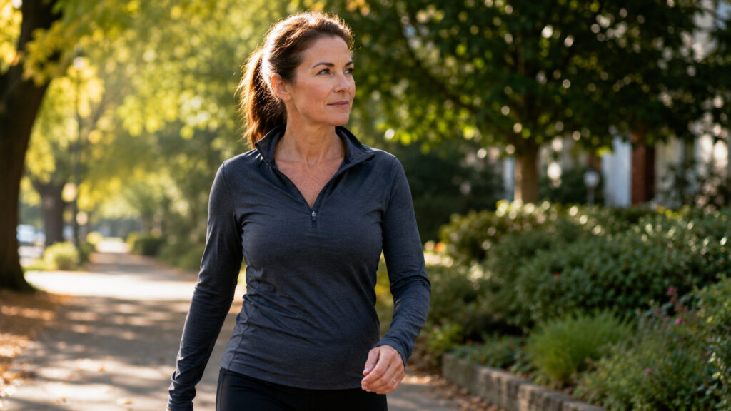Woman over 40 walking outdoors in morning sunlight, representing daily movement and consistent momentum for weight loss