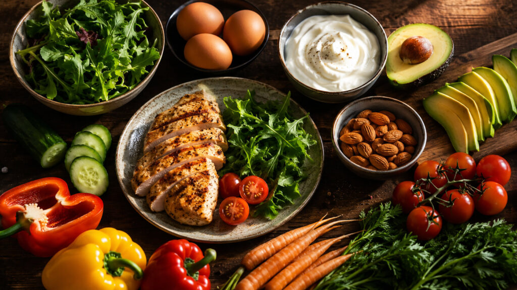 Whole food meal prep ingredients including chicken, eggs, avocado, and vegetables on a dark kitchen surface, representing real nutrition for women over 40